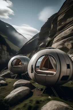 A hotels room like capsules attached to the mountain, fixed with iron at the bottom