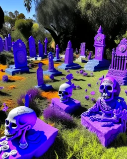 A purple graveyard with Halloween ghosts designed in Oaxacan alebrijes painted by Katsushika Hokusai
