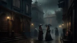 A mysterious rainy day scene with characters inspired by the Renaissance era, dramatic lighting, atmospheric fog, intricate details, intricate costumes, and cityscape in the background --ar 4:7 --s 150 --c 5