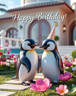 Generate image: Generate image: Generate image: A macro 3D render of a cute, lovely Penguins,made of tranceparent translucent, glossy,colored jellatin. is landing in yard of a luxury villa next to flowers ,subsurface scattering and gelatinous texture . High-quality CGI, octane render, 8k resolution, whimsical, adorable, clean composition. long shot ,4:3,write in top in 3d "Happy Birthday"