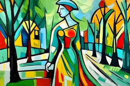 painting in style of picasso woman walks in park abstract
