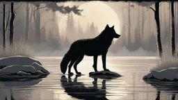 Create a mesmerizing nocturnal tableau featuring a sleek black wolf poised at a tranquil pond nestled within an enchanted forest. The wolf, exuding an aura of regal grace, delicately sips from the crystalline waters under the gentle caress of moonlight, its silhouette a captivating dance against the darkened backdrop. The pond's mirror-like surface mirrors the celestial tapestry above, infusing the scene with an ethereal luminescence. The forest, cloaked in shadow, serves as a mystical embrace,