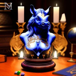 rhino, bust of luna aurora divine, ancient, magic,on dark wooden table with drinking glass,compass,brilliance, candle