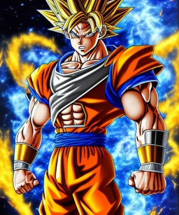 Goku, metal golden armor, defined muscles, shirtless