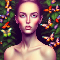 Generates high quality portraits of women covered in various plants, surrounded by forest and butterflies.