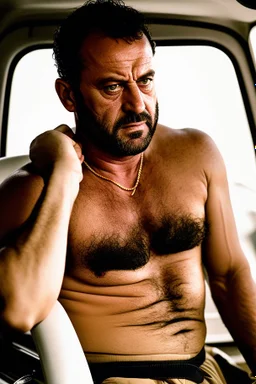 full body shot photography of an Italian sicilian taxi driver burly ugly sitting in the taxi, chubby tired 55 years old driving shirtless, bullneck, thin gold chains, short beard, sweat, short hair, bulge, robust, manly chest, looking down, big shoulders,, photorealistic, side light, ambient occlusion, tired eyes. 35mm lens, internal view inside the Taxi