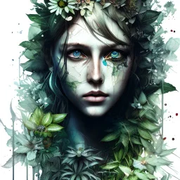 singer Danish MØ face,Style Yoji Shinkawa, watercolor illustration , Dryad, plants, wildflower,