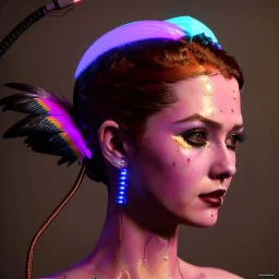 pretty cyber woman, latex, cables, purpurin, blood, black, gold, piercings, brown, decorative color feathers, simétrico, circuits, neon style, a lot of led lights, fog, rain, vibrant color, highly detailed, art stations, concept art, smooth, unreal engine 5, god rays, ray tracing, RTX, lumen lighting, ultra detail, volumetric lighting, 3d, finely drawn, high definition, high resolution.