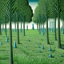 A cyan grassy clearing with lemon trees designed in Bayeux tapestry painted by MC Escher