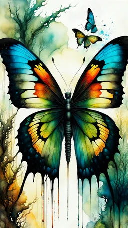 Zdzislaw Beksinski, and Peter Gric style ink wash and watercolor, full body illustration of a butterfly , highly detailed facial features, mixed to anatomical wings view, visible plant like skeletal structure, wildly flowing splash colours , 8k octane, all in focus, clean , no grain, ethereal, otherworldly concept art in vibrant natural colors