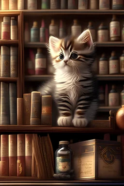 cute kitten on bookshelf in an apothecary. HD. High quality