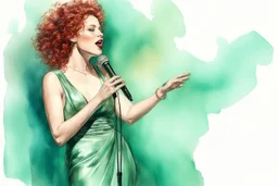 full figure, red curly hair upswept gorgeous singer on a stage in front of a microphone, sleeveless rose gold shiny silk long dress, the dress goes down to bluish green, photorealistic watercolour