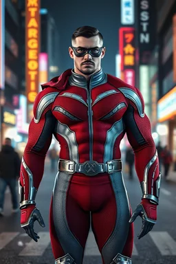 A muscular, athletically built man with extra-short, crew cut, black hair, blue eyes, short, trimmed goatee, standing stoically on the street in the neon lit, futuristic City of Xanadu prime, wearing a long-sleeved, highly textured, red-white-and blue body suit with gray piping that forms to his muscular frame, with a detached cowl, a silver lightning belt, silver wrist gauntlets, silver, knee-high boots, the symbol of Xanadu on his chest, and a thin black leather bandit eye mask