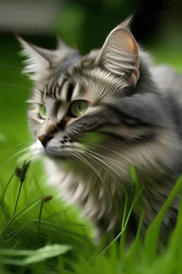 kucing cantik makan rumput