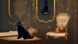 A black cat sitting on a chair in a room.