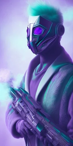 purple galaxy masked super villain, weapons in hands, teal and purple smoke, full portrait, hyper realistic, 4k