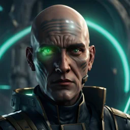 star wars bald male corellian pilot wearing pearlescent black and gunmetal grey First Order special forces heavy assault armor and helmet with gold trim inside the jedi temple, centered portrait, hyperdetailed, dynamic lighting, hyperdetailed background, 8k resolution, volumetric lighting, light skin, fully symmetric details