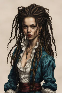 full body colored etching of a malevolent, predatory vampire buccaneer girl with highly detailed dreadlock hair and facial features ,in the style of Rembrandt, Gian Lorenzo Bernini, and Johannes Vermeer, with a fine art aesthetic, highly detailed , realistic , 4k UHD