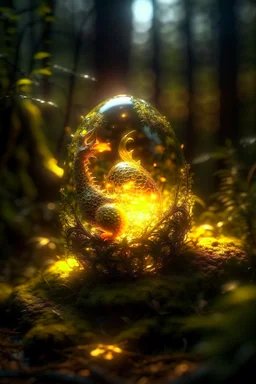 picture of a magical forest sparkling with light,cute fire dragon inside transparent egg,shot on Hasselblad h6d-400c, zeiss prime lens, bokeh like f/0.8, tilt-shift lens 8k, high detail, smooth render, down-light, unreal engine, prize winning