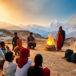 mystical indian guru teaching his group of disciple in adoration in himalaya, atround a fire at sunset