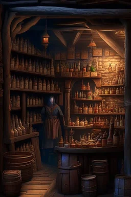 inside of a medieval shop, wooden walls, log pillars, stone bar with shop keeper behind it, magical ingredients on display and weapons on display