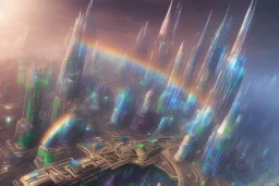 a close up shot of a big future city but all the roads are rainbows