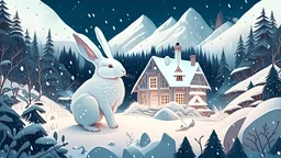 A beautiful white rabbit in a snowy forest and beautiful houses with mountains and falling snow looks and feels magical cartoon style