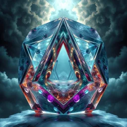 Dynamic hypnotic fractal 3D Pyramids pentagonal Symmetry and morphing between organic and geometric forms , smooth translucent iridescent glass with inner glow and bubbles, varied transparent materials, stormy skies, intense dramatic