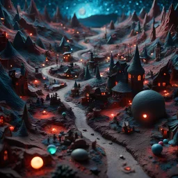 Detailed creepy landscape made of modeling clay, people, village, stars and planets, naïve, strong texture, extreme detail, Max Ernst, decal, rich moody colors, sparkles, bokeh ((masterpiece, good quality, intricate details, high quality, best quality, 8k, in focus, sharp focus))) DVD Screengrab, fantasy, sci-fi, cinematic, photorealism, octane render, frostbite, 8k, cinematic, unreal engine, bokeh, vray, houdini render, quixel megascans, arnold render, 8k uhd, raytracing, cgi, lumen reflections