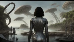 Detailed matte painting of a wide-angle shot of a woman, standing on the right side of an alien beach, with dark hair in a silver robotic catsuit, many large floating creatures with shells and long tentacles, alien jungle trees in the distance