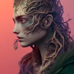 "full face tattoo of leaves and gnarled branches extending past face and morphing into reality, color tattoo, 8k resolution, high-quality, fine-detail, intricate, digital art, detailed matte, volumetric lighting, illustration, octane render