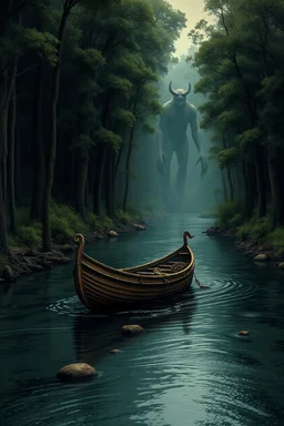 fiume in una foresta oscura con barca antica romana e una creatura gigante sullo sfondo in mezzo agli alberi