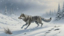 A lone wolf running across a snowy landscape, escaping the confines of its pack, a blizzard raging around it.