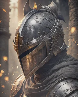 Dark souls Knight, expression serious, aura, portrait, background Dark souls like ruins, comic style, helmet,