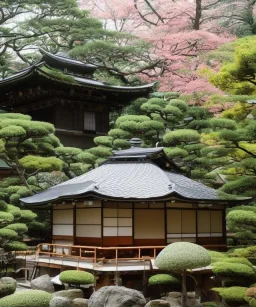 Japanese tea house under a glass dome on an asteroid in outerspace