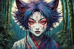 full color front facing portrait of a Bakeneko woman with highly detailed hair and slim, narrow facial features, in a haunted mountain bamboo forest, pierced by shafts of moonlight , danger lurks everywhere but she is undeterred and resolute in her purpose, art in the style of Alex Pardee, spirited away, studio ghibli, , 8k , finely detailed and precise line work, soft natural Spring colors