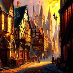 A realistic oil painting of medieval London, with intricate details of the architecture and streets, painted in the style of Jan van Eyck and Paul Cézanne, (long shot), warm golden lighting, vibrant colors, historical accuracy.