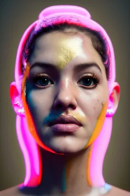 Realistic image, Rosalía artist, portrait, waist up portrait, long black eye line, sweet, gold and pink geisha style, spray glow make up, led lights, neon, led piercing nose, led ornament, fog, rain, bubble latex coat, vibrant color, highly detailed, art stations, concept art, smooth, unreal engine 5, god rays, ray tracing, RTX, lumen lighting, ultra detail, volumetric lighting, 3d, finely drawn, high definition, high resolution.