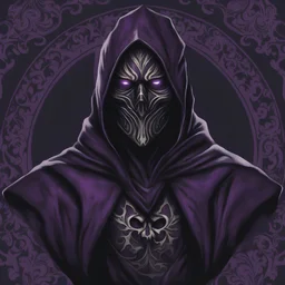 warlock, black mask with ash purple patterns, black robe with ash purple patterns, dark, ominous, ash purple, grey background