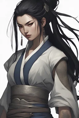 asain female warrior mage with long black hair that was pulled back behind her head in a loose ponytail. The dark hair contrasted and complimented her soft facial features. Below her left eye there is a tattoo of fine lined design that looks like a solid line. She had a fashionable yet practical jacket of a midnight blue overtop a silver steel chest plate and underneath it all a modern cut of mage robes the color of cream with ornate blue edging. She is fighting a magical jackal