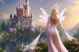 castle in background, beautiful, soft, big smiling, straight and long blonde hair, dewy and shiny atmosphere, diamond crown, long fairy wings in the back, full head, pink veil clothes