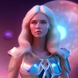 Beautyful woman,galactic , cosmic armor,hair long blond, blue eyes, happy cosmic, bright colors, blue, pink, realistic, photo real, clear sunny background, highly detailed, high contrast, 8k high definition, unreal engine 5, extremely sharp detail, light effect, sunny light background