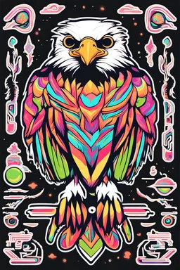 I am interested in a sticker of a sea eagle in flight. Specifically, I would like a playful and neon design with a folk art contour. The sticker should be in vector format and have a white background. I prefer a detailed design.