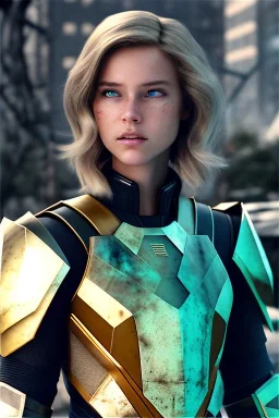 ultrarealistic, ruined city,__sci-fi armor__, __angles__, 18 year old woman, strikingly beautiful, blonde hair, _colour_, [__starlets__|__starlets__], (pale __skincolor__ skin:1.2), __camera__, _hair_, detailed face and eyes, medium breasts, leather choker, freckles, dynamic pose, resolved expression, __accessory__, strappy outfit, (straps:1.1), sword in scabard on left hip, (buckles, buttons, snaps, rings:1.0), breastplate, detailed eyes, plump lips, sci-fi theme