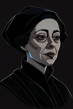 A portrait of a 40-year old aristocrat woman from XV century in strict dark clothes, authoritative, cold, emotionless, in the style of Genndy Tartakovsky's cartoons