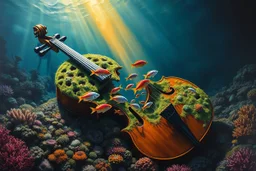 Dramatic Romantic-style oil painting – a broken cello, split cleanly down the middle, lies on the seabed near a wild coral reef. Vibrant fish in coral pinks, oranges, and cobalt blues swim gracefully through the central cavity. The cello is covered in emerald moss and tangled seaweed, blending into the ocean floor. Golden rays of sunlight slash through the dark water, illuminating fragments of the cello with a sacred glow. Thick impasto brushstrokes, moody chiaroscuro lighting, palette of ultram