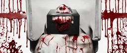 a faceless woman covered in blood holding up a black rectangular box