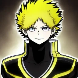 of soulland from my hero academia, gold hair and golden eyes, black suit, intricate details, full body portrait,