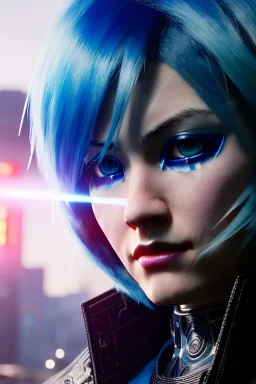Smirking Cyborg anime assassin, light blue hair, blue eyes, dark clothing, waist up portrait, 8k resolution, intricate details, ornate details, soft lighting, vibrant colors, retroanime, masterpiece, intricate eyeliner, dark eyeshadow, eyes, intricate tattoos, futuristic cityscape background