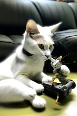 Picture of a white cat playing with solid snake from metal gear solid.